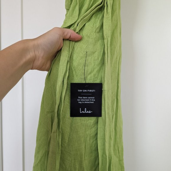LULUS Lime Green Faux-Wrap Ruffled Midi Dress - Picture 4 of 6
